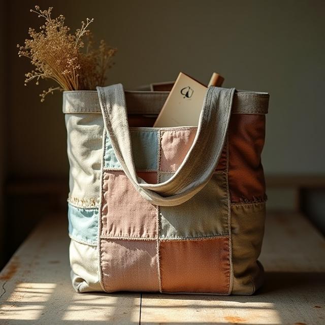 Sac fourre-tout fait main à partir de chutes de tissu.