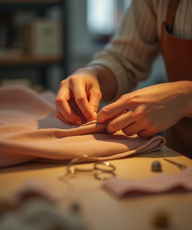 Mains de la créatrice cousant un vêtement dans son atelier.